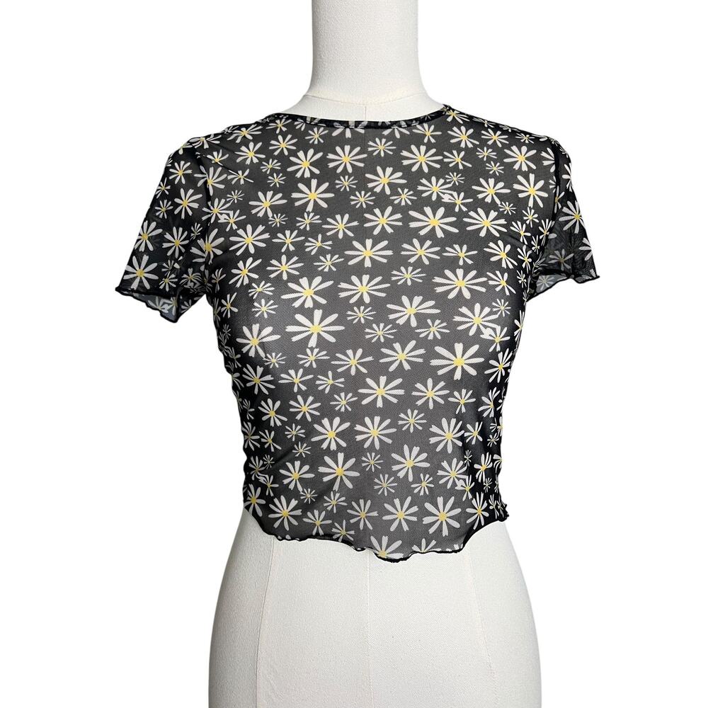H&M Divided Mesh Crop T-Shirt Teens Small Black Daisy Floral Sheer Festival - Picture 1 of 7